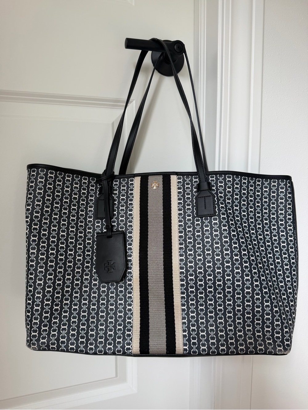 Tory Burch Black and Cream Stripe Logo Jacquard Tote